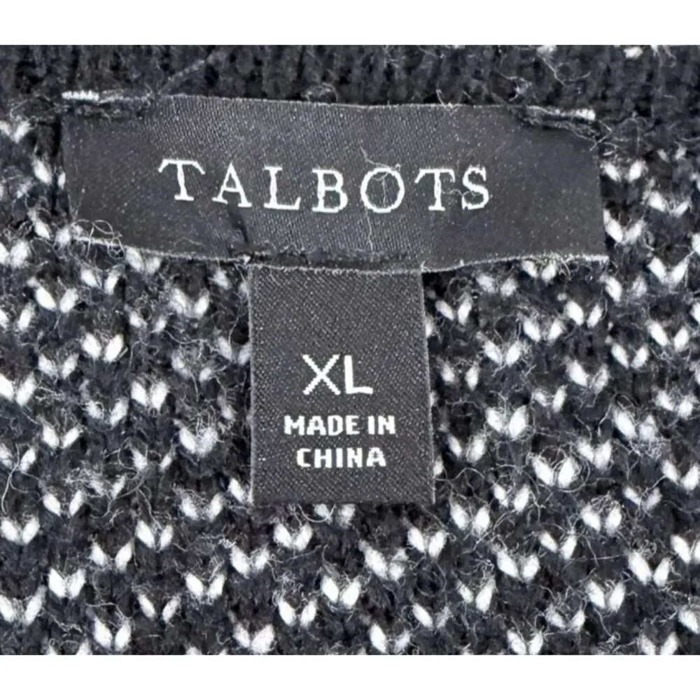 Talbots Black White Buffalo Plaid Open Cardigan Womens XL Knit Sweater w/Pockets